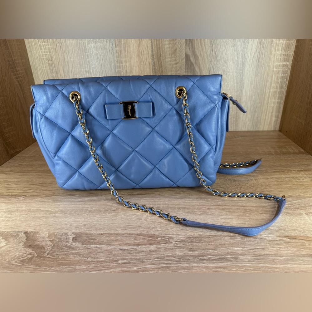 SALVATORE FERRAGAMO - Ginette Quilted Lambskin Chain Bag - Sky Blue
